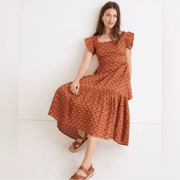 Madewell Ruffle-Strap Tiered Midi Dress in Wild Calendula Block-Print Sz M - Picture 1 of 13